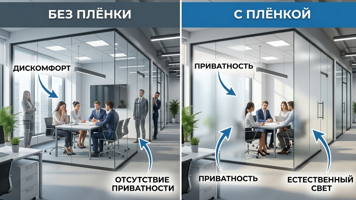 Сравнение офисной перегородки без пленки и с пленкой - разница в приватности и комфорте