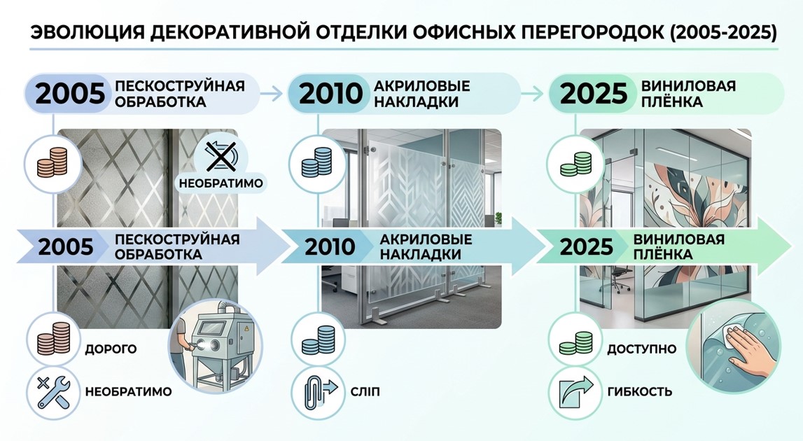 Эволюция технологий оформления офисных перегородок от пескоструйной обработки до виниловой пленки