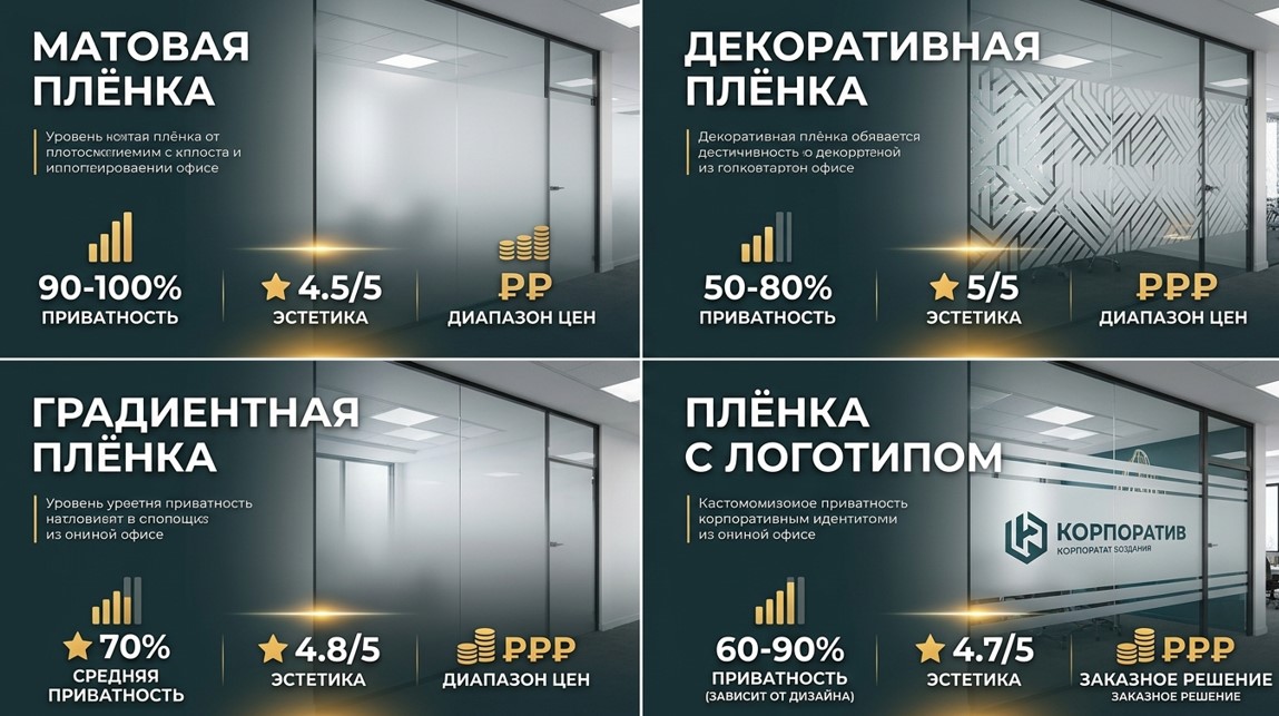 Четыре основных типа пленки для офисных перегородок - матовая, декоративная, градиентная и с логотипом