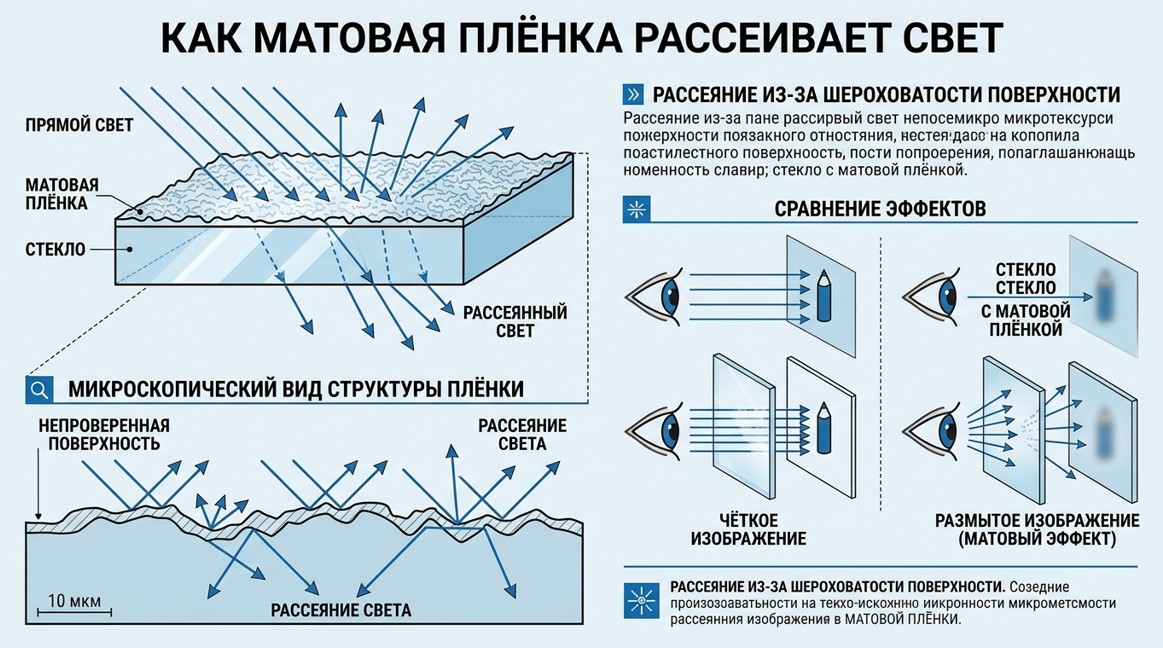 Научная схема принципа работы матовой пленки - рассеивание света через микроструктуру