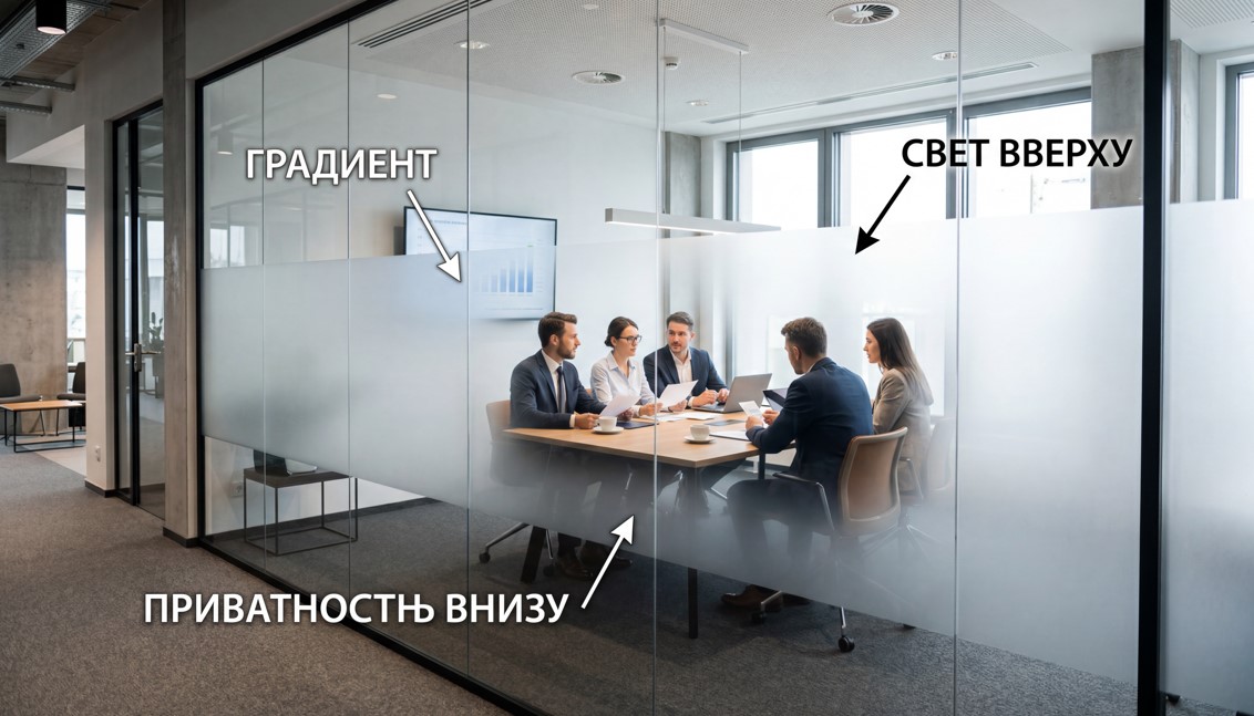 Применение градиентной пленки в офисной переговорной - приватность внизу и естественный свет вверху