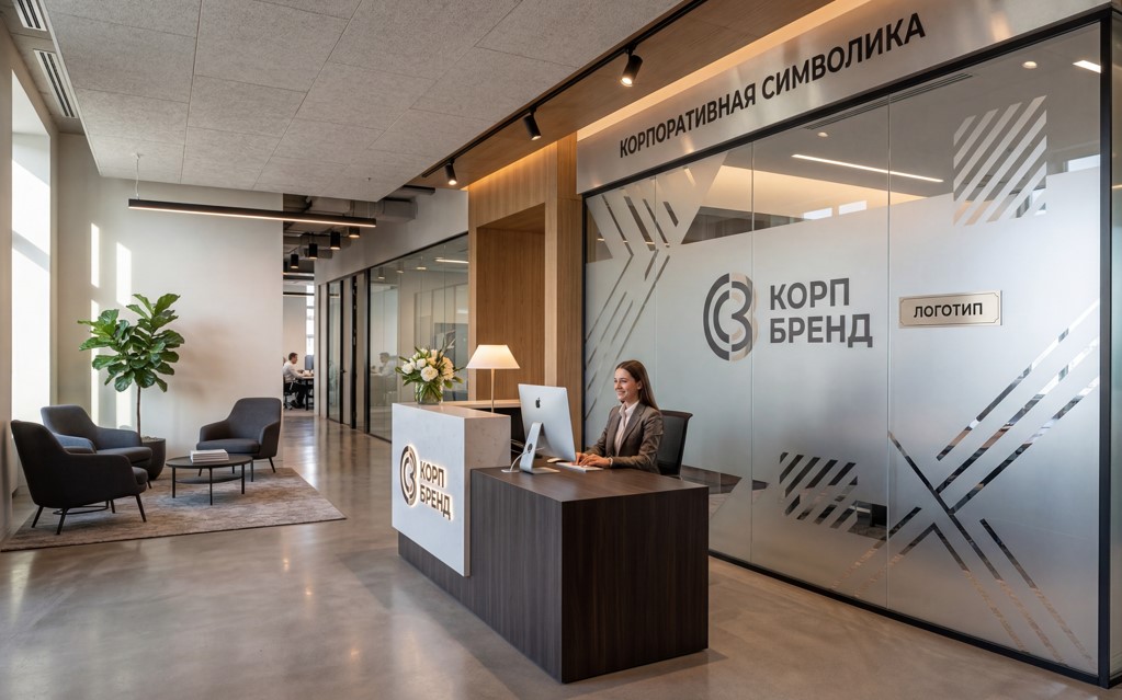 Офисная ресепшн с брендированной пленкой на стеклянной перегородке - корпоративная символика и логотип