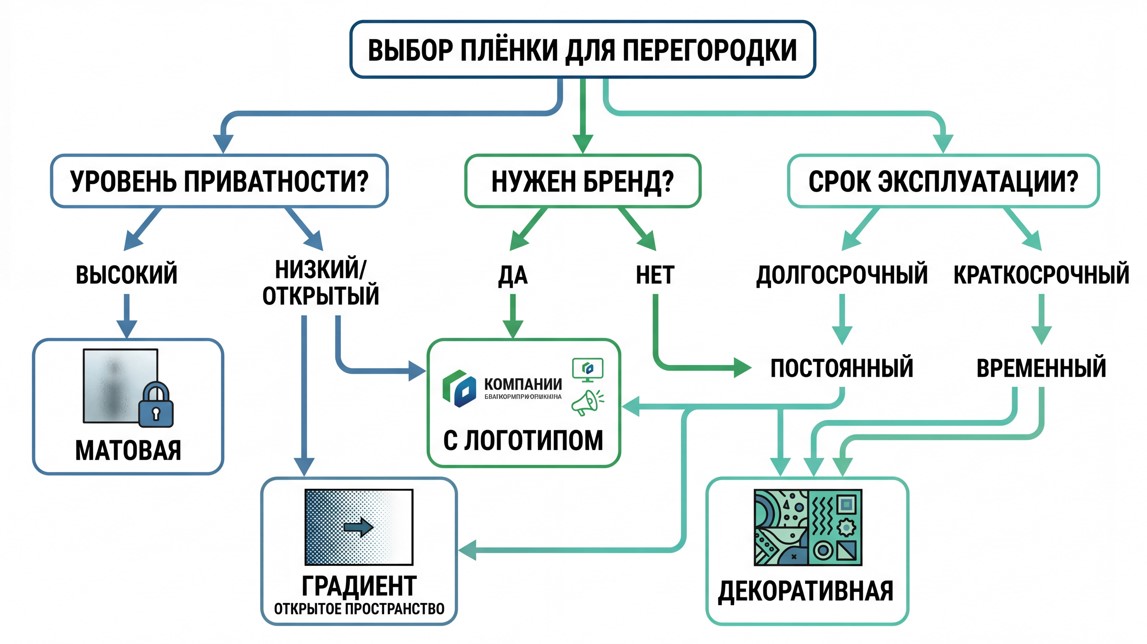Блок-схема выбора типа пленки для офисных перегородок по трем критериям